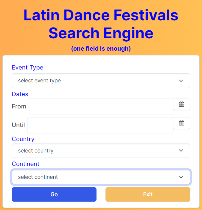 Buscador de festivales de baile - Cómo encontrar festivales de baile? Es la imagen de Dance Festivals Search Engine System en su posición inicial.