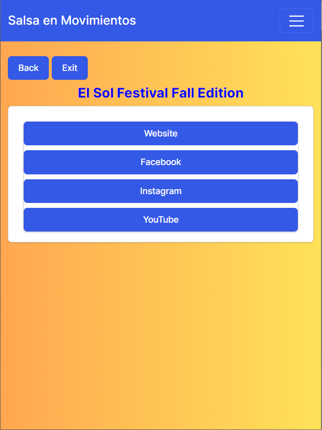 Es la imagen de Dance Festivals Search Engine System (buscador de festivales de baile) mostrando el resultado de uno de los festivales encontrados