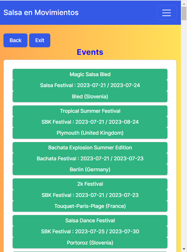 Es la imagen de Dance Festivals Search Engine System (buscador de festivales de baile) mostrando la lista de festivales de baile encontrados